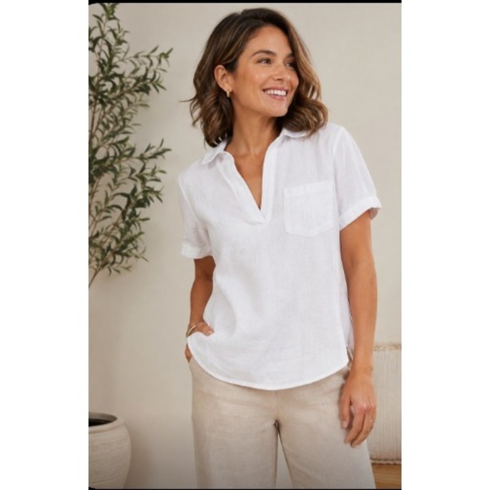 Rafaella Womens White Linen Blend Short Sleeve V-Neck Polo Shirt Size Large